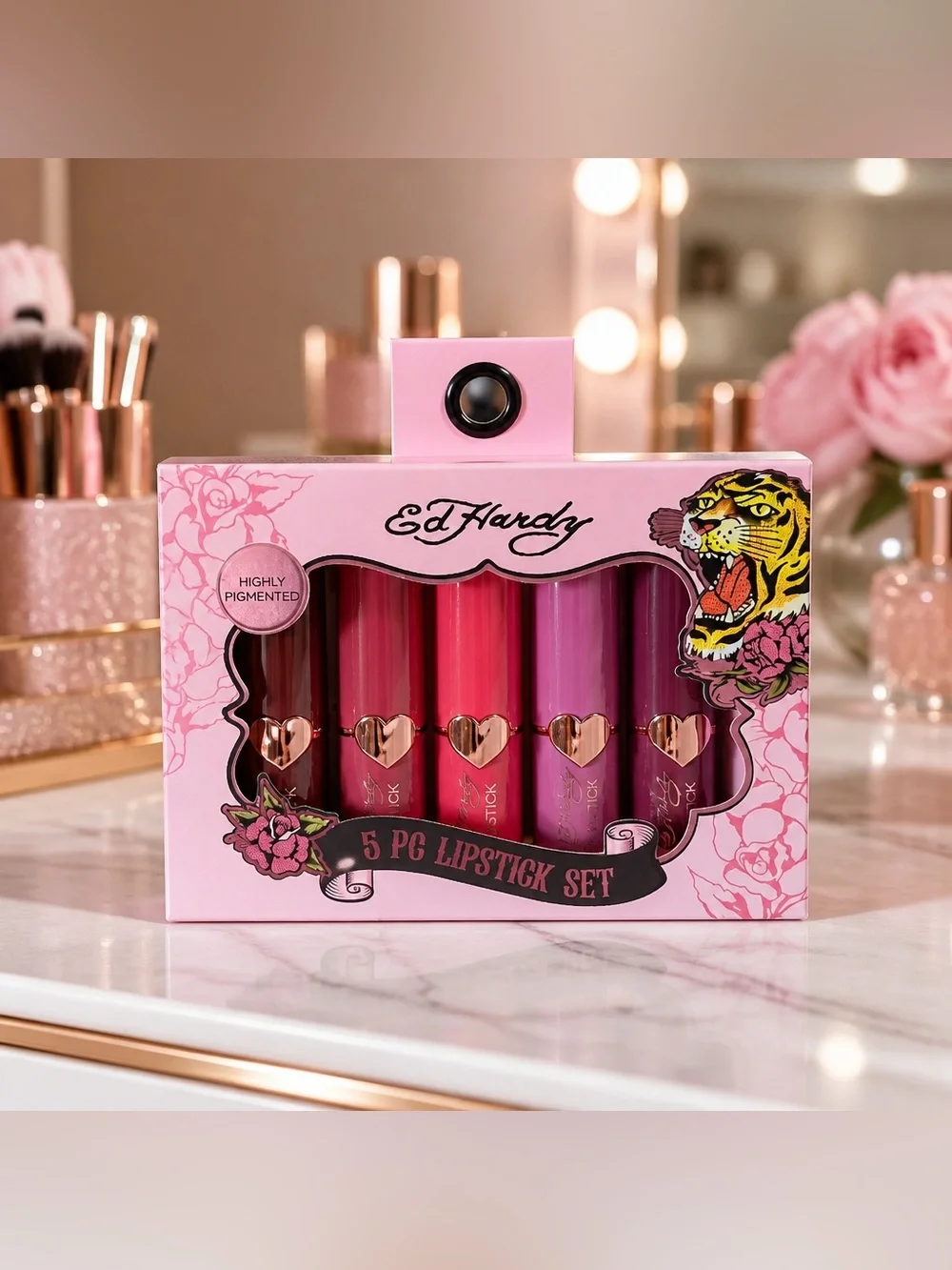Ed Hardy 5 Pc Lipstick Set Highly Pigmented Pink Shades New